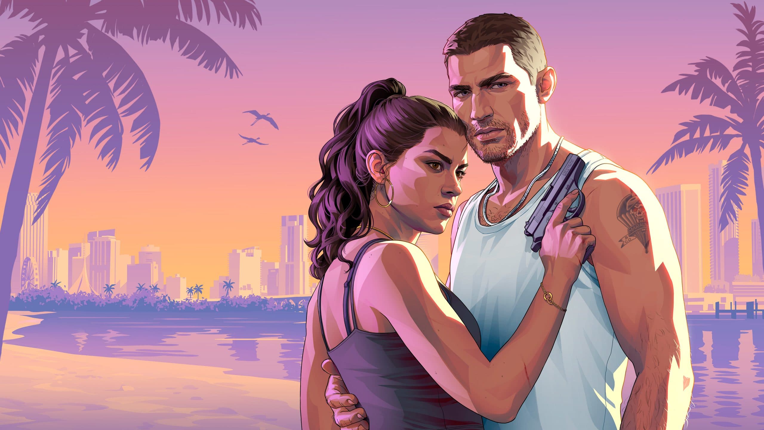 Jason and Lucia with Vice City skyline — GTA VI official artwork